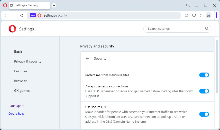 Enabling safe browsing checks in the Opera browser