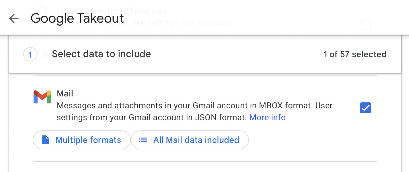 Select “Mail” in Google Takeout to export and download all Gmail emails