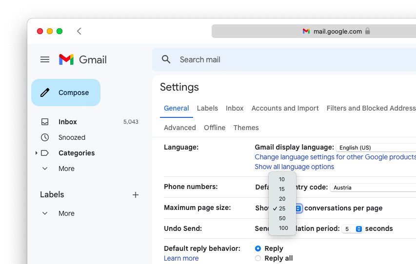 You can change how many emails Gmail shows per page in “Settings”