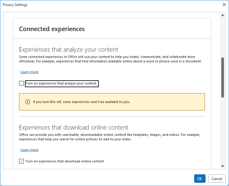 Disable server-side text analysis in Outlook for Windows