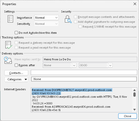 Find email header lines under “Internet headers”