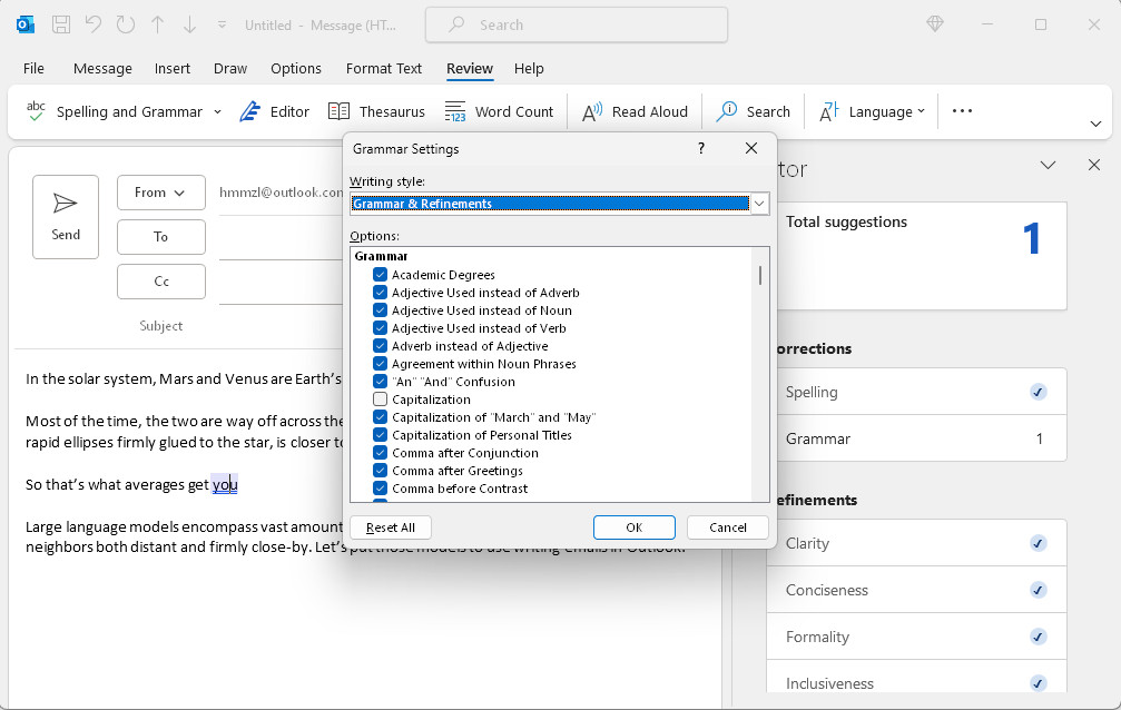 Microsoft Editor Options in Outlook for Windows