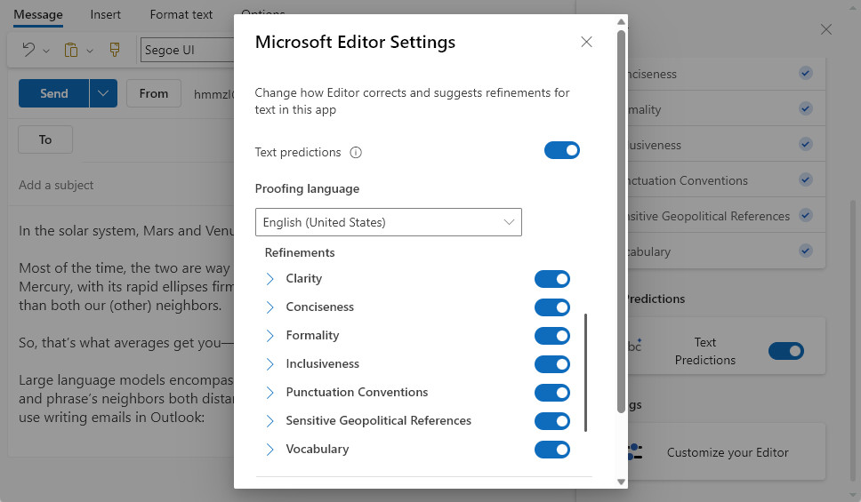 Microsoft Editor Settings in Outlook on the Web