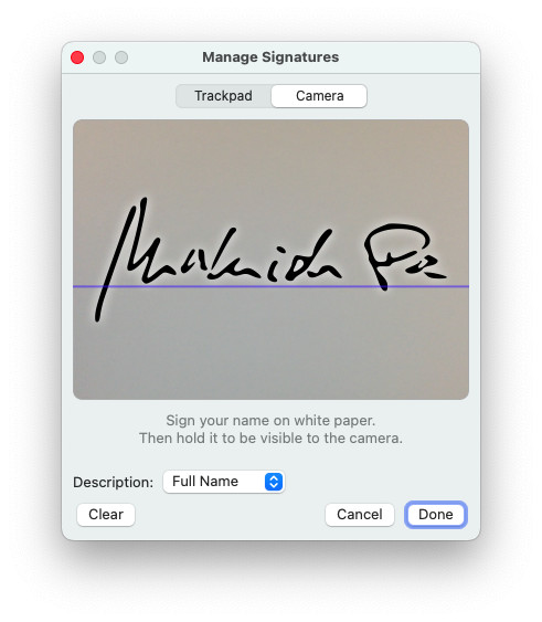 Setting up a signature from a handwritten signature in Preview on a Mac