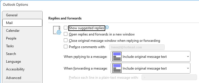 Turning off “Suggested Replies” in Outlook for Windows options