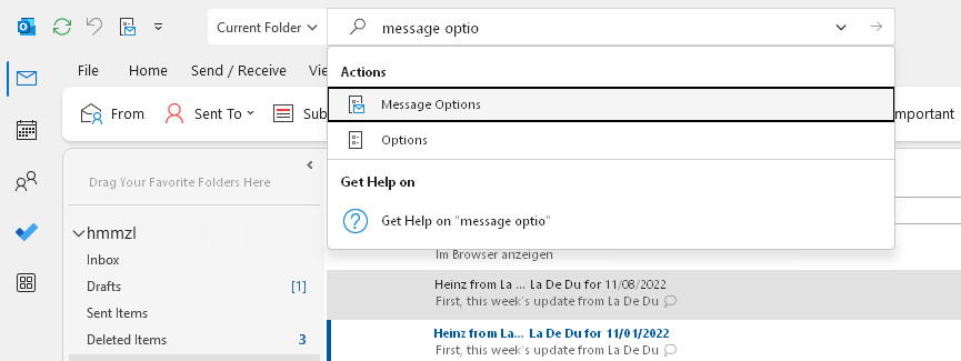 Use the Outlook search field to open message options (and headers) without opening emails first