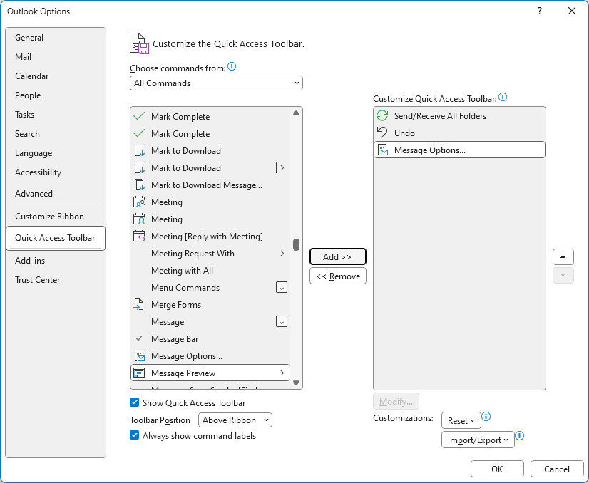 You can add “Message Options…” to Outlook’s Quick Access toolbar