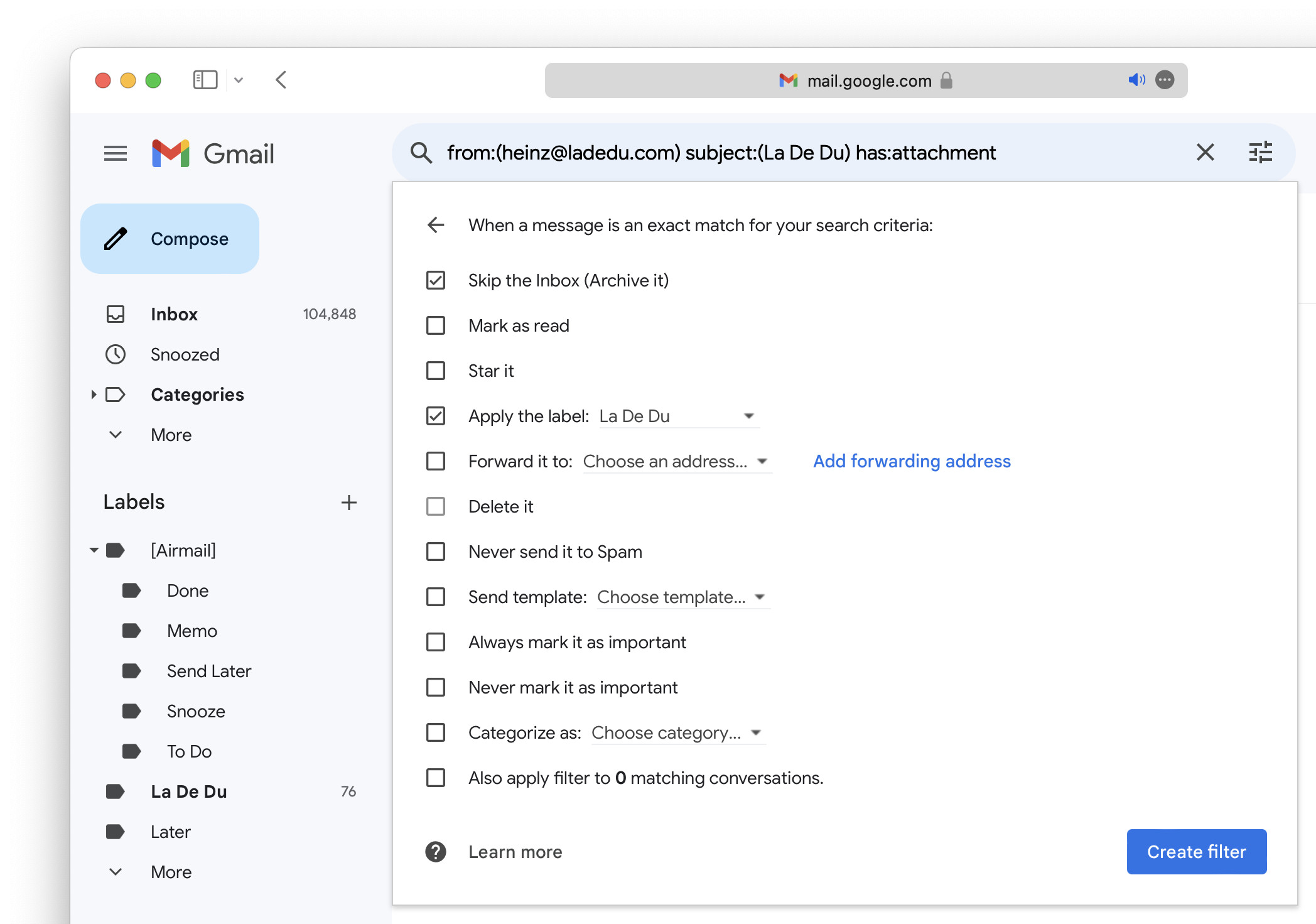 Click “Create filter” to have Gmail move incoming emails automatically to a folder with a rule