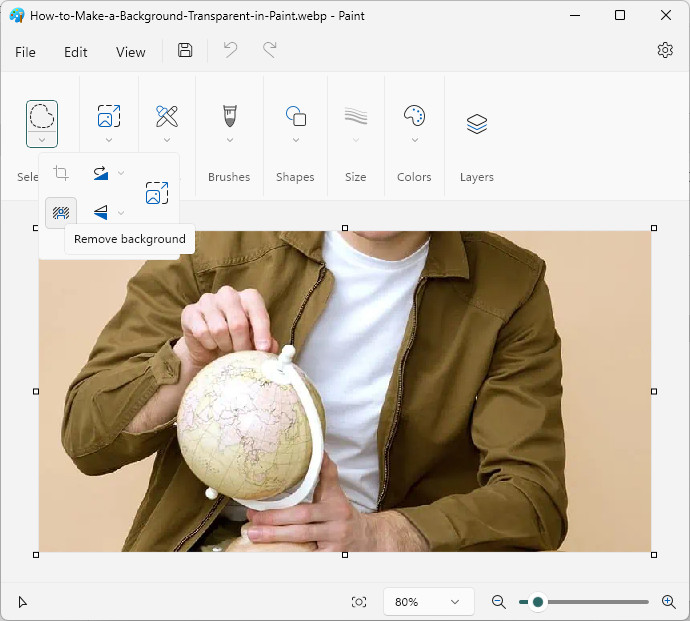 Select “Remove background” to make the background transparent automatically in MS Paint on Windows 11