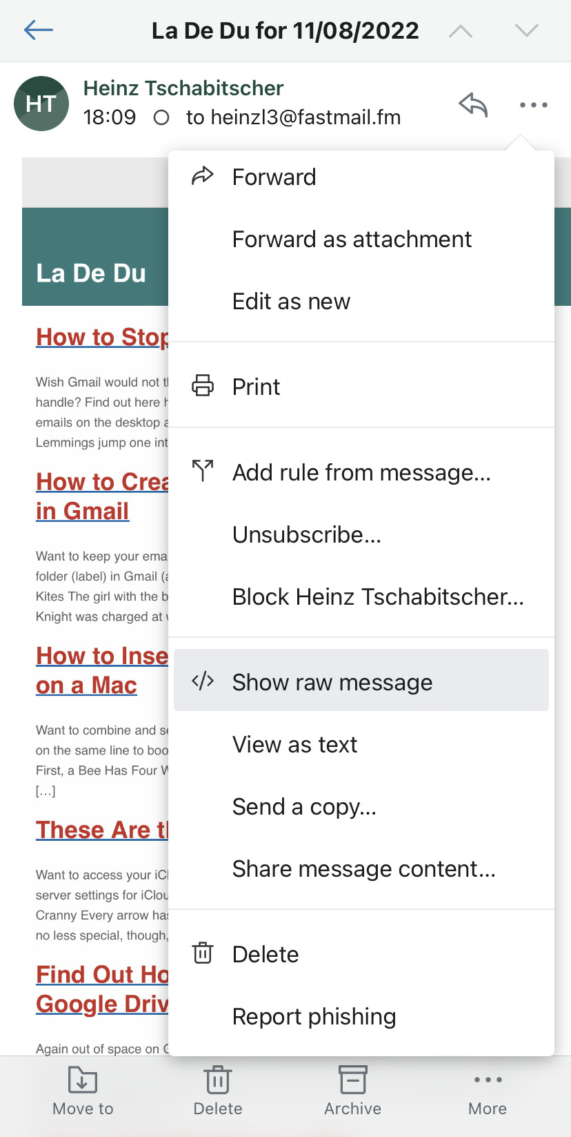 Viewing header lines in Fastmail for iOS