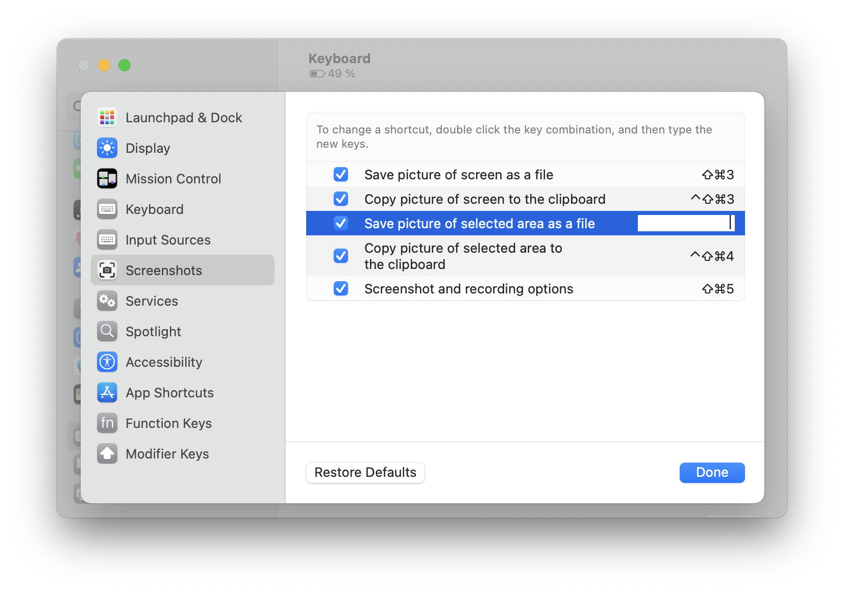 You can change the keyboard shortcuts used for taking screenshots on a Mac