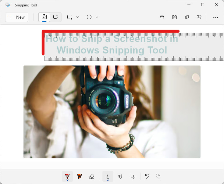 Draw along two edges of the ruler to start highlighting with a rectangular box in Windows Snipping Tool