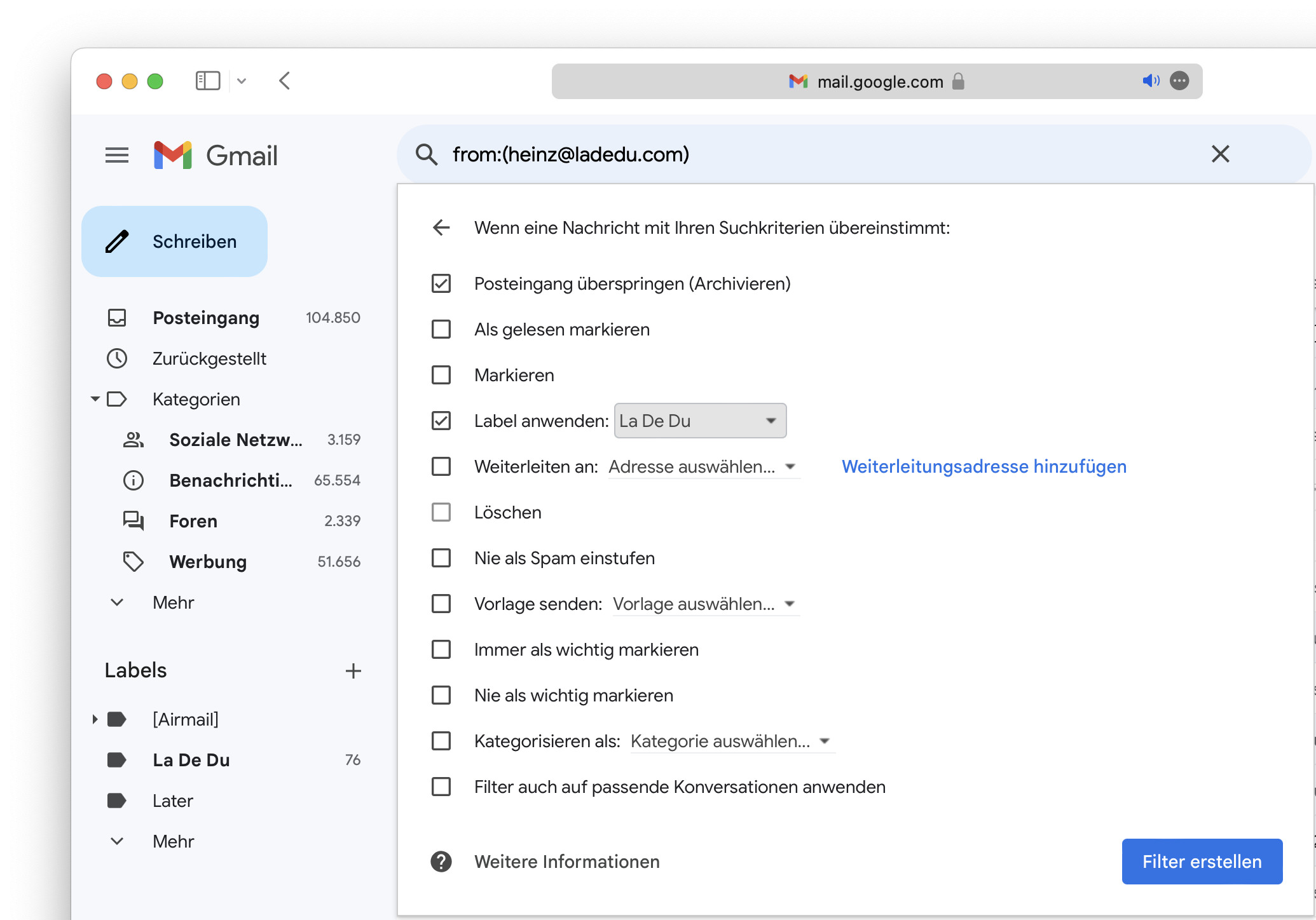 Hier richten Sie in Gmail einen Filter ein, der Mails automatisch in Ordner verschiebt