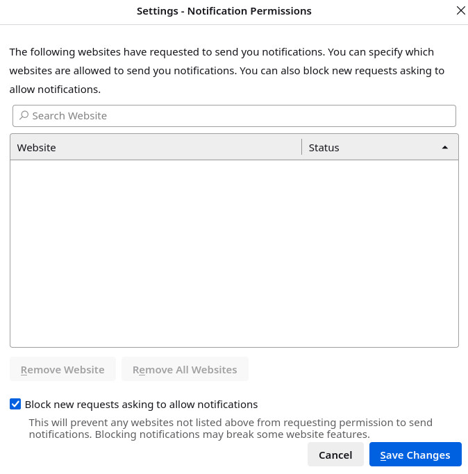 Prevent sites from asking for permission to send notifications in Mozilla Firefox