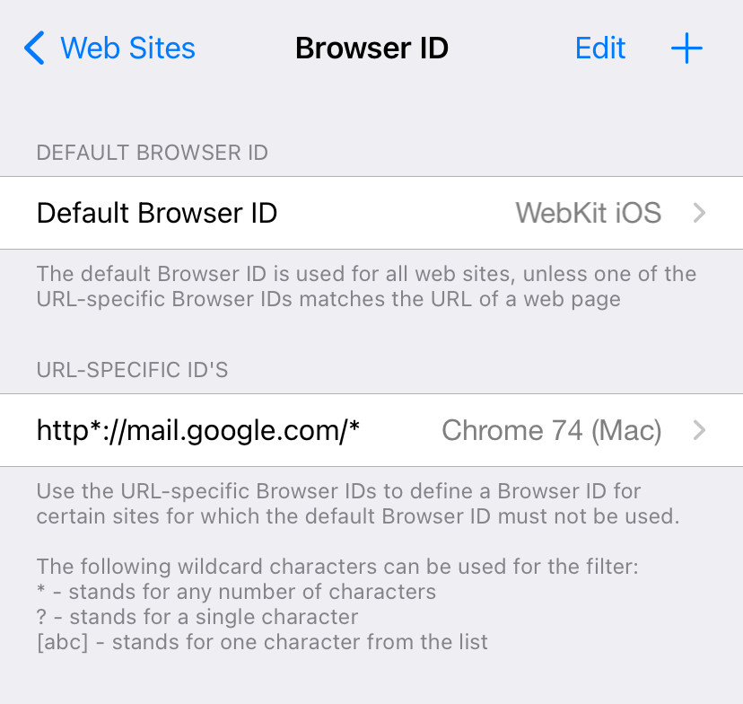 Set the browser ID for Gmail in iCab mobile