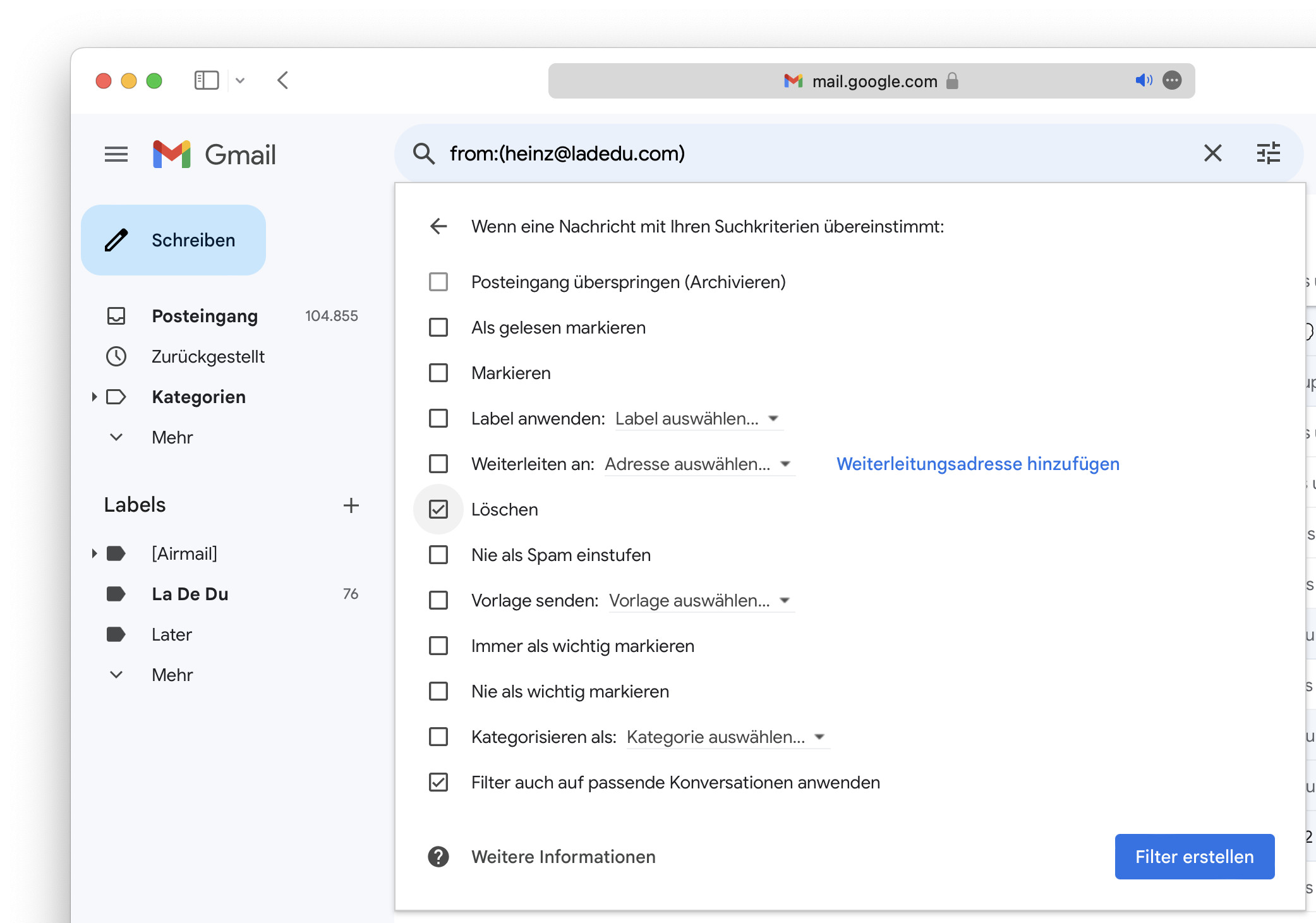 Sie können in Gmail einen Filter einrichten, der alle Emails von einem bestimmten Absender autoatisch löscht