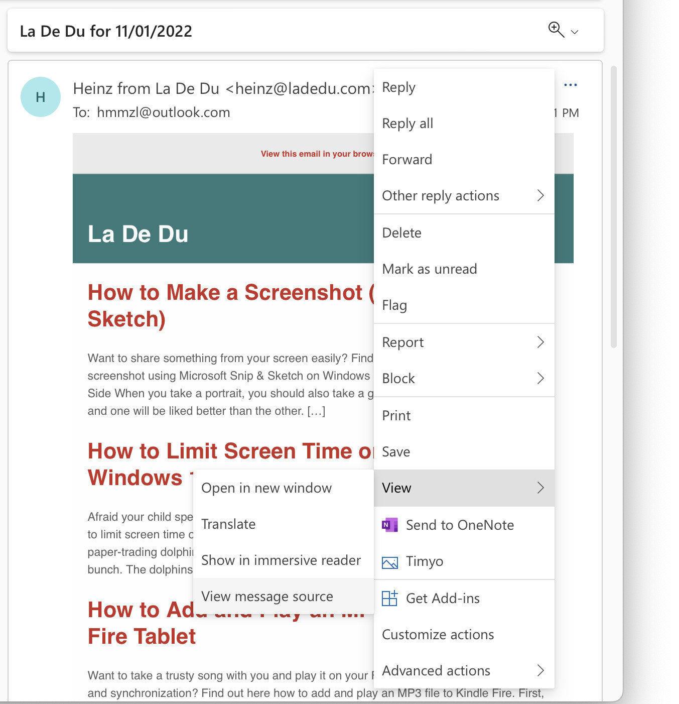 View the message source in Outlook.com to access full email header lines