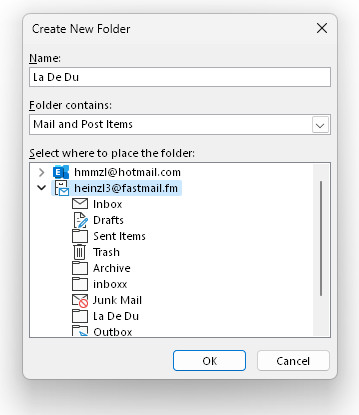 You can add new folders to Outlook using the “Cteate New Folder” dialog