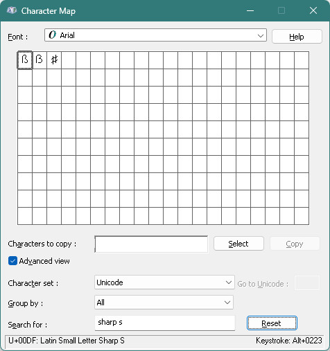 Find and copy the German sharp s characters (uppercase and lowercase) in Windows Character Map