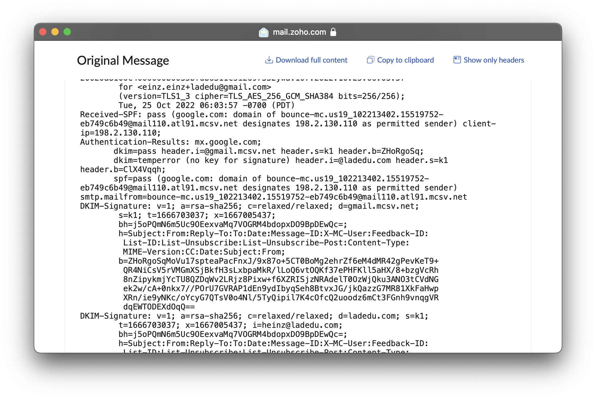 Full message display in Zoho Mail