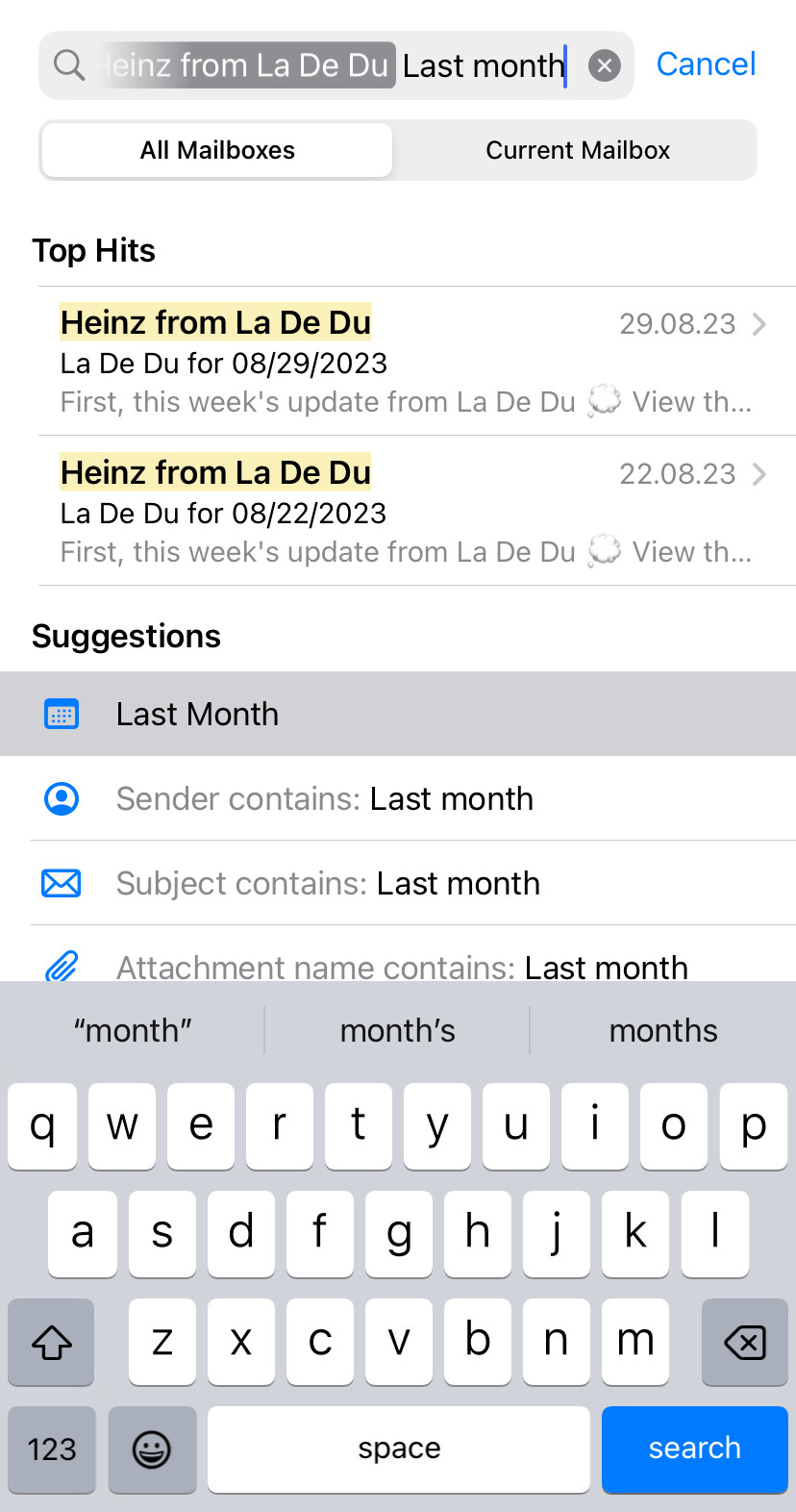 Search for emails in iPhone Mail using search suggestions