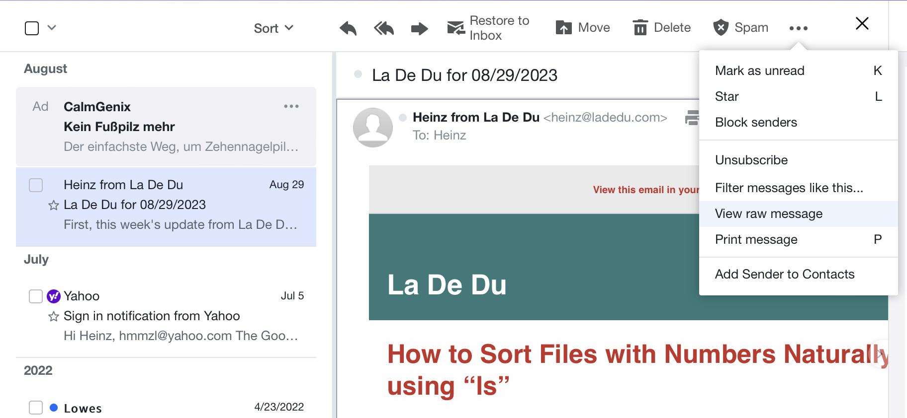 Select “View raw message“ in Yahoo Mail to access the full headers and email source