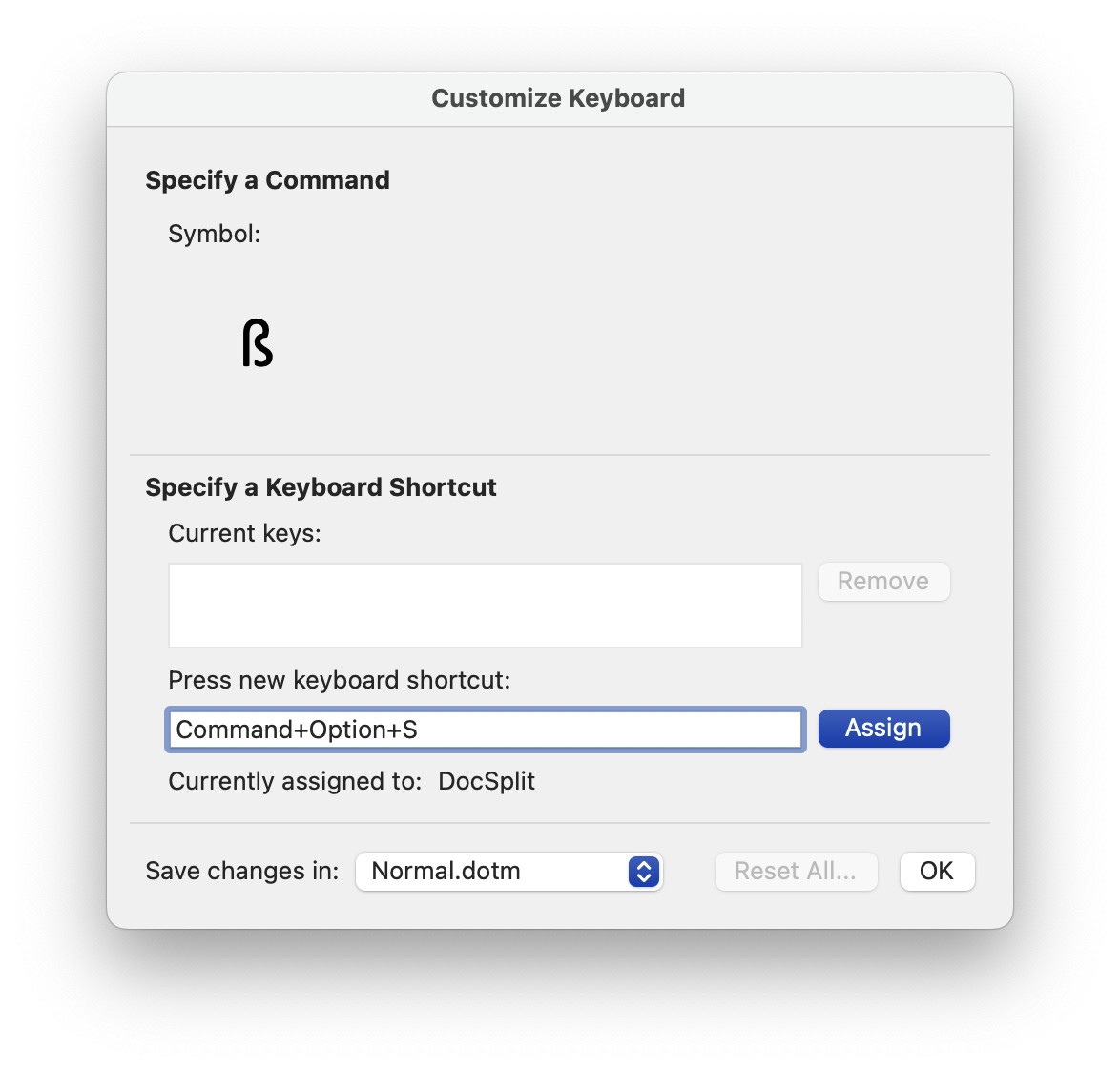 Setting up a custom keyboard shortcut for the German character “sharp s” in Word for Mac