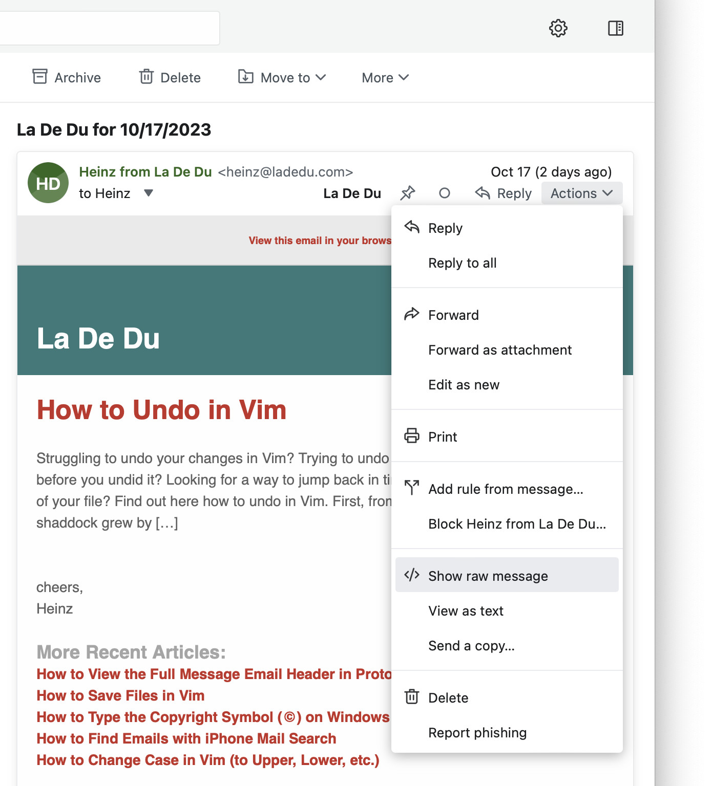 Access all email headers and the full source code for an email in Fastmail