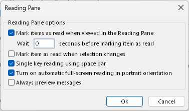 Configuring “mark as read” settings for the reading pane in Outlook for Windows