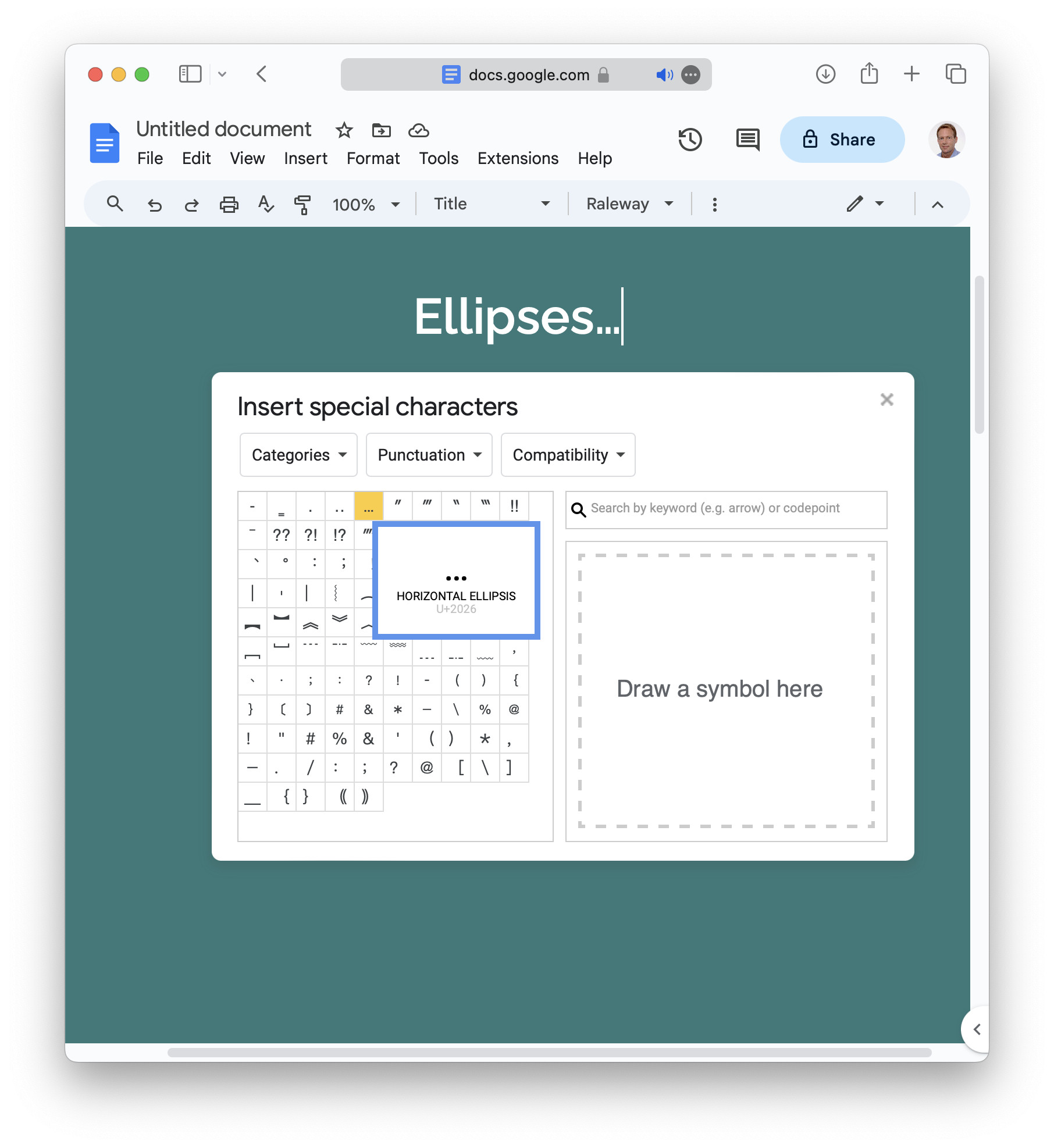 Inserting an ellipsis using the “Insert special characters” dialog in Google Docs