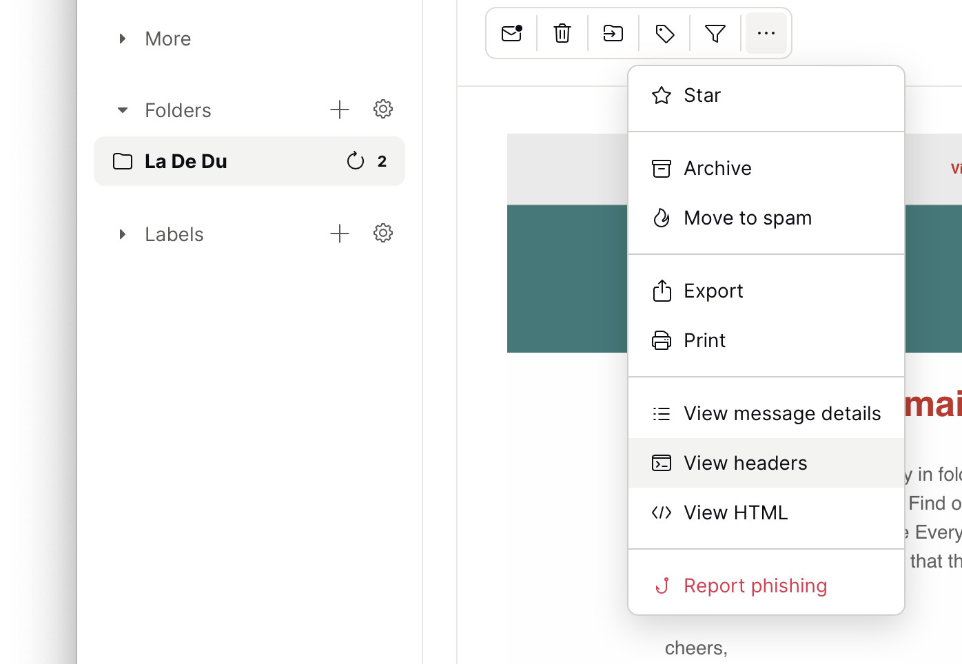 Select “View headers” to access full email header lines in Proton Mail