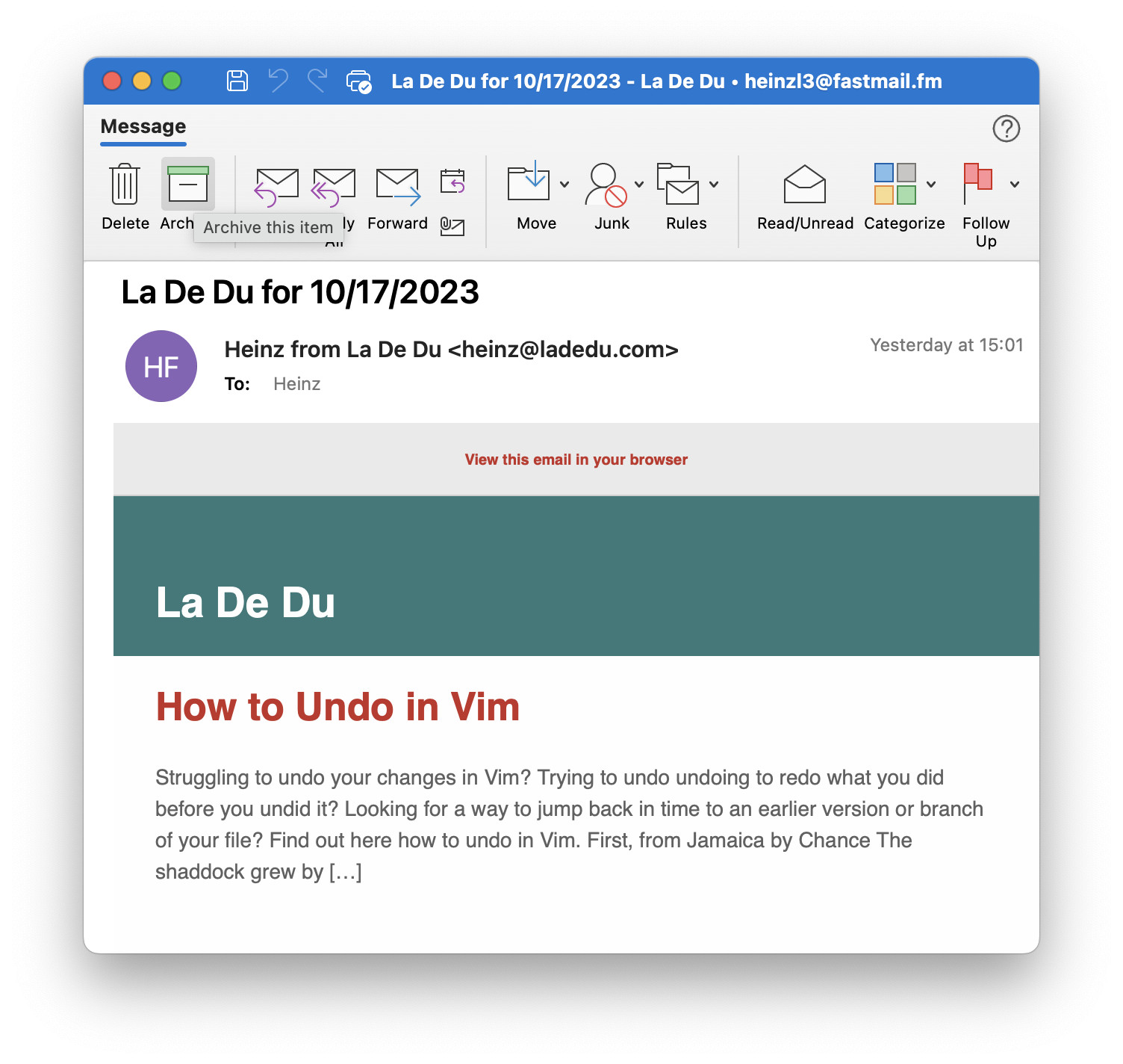 The “Archive” button in Outlook for Mac