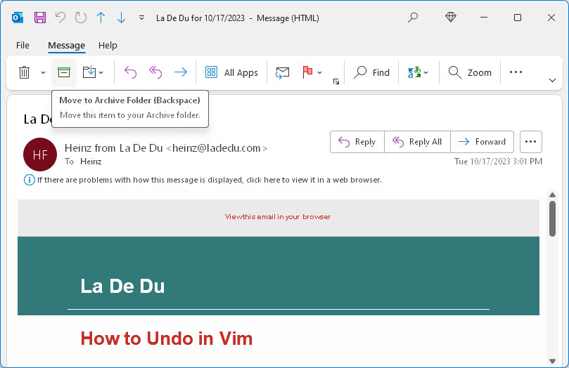 The “Archive” button in Outlook for Windows is an alternative to the archiving keyboard shortcut