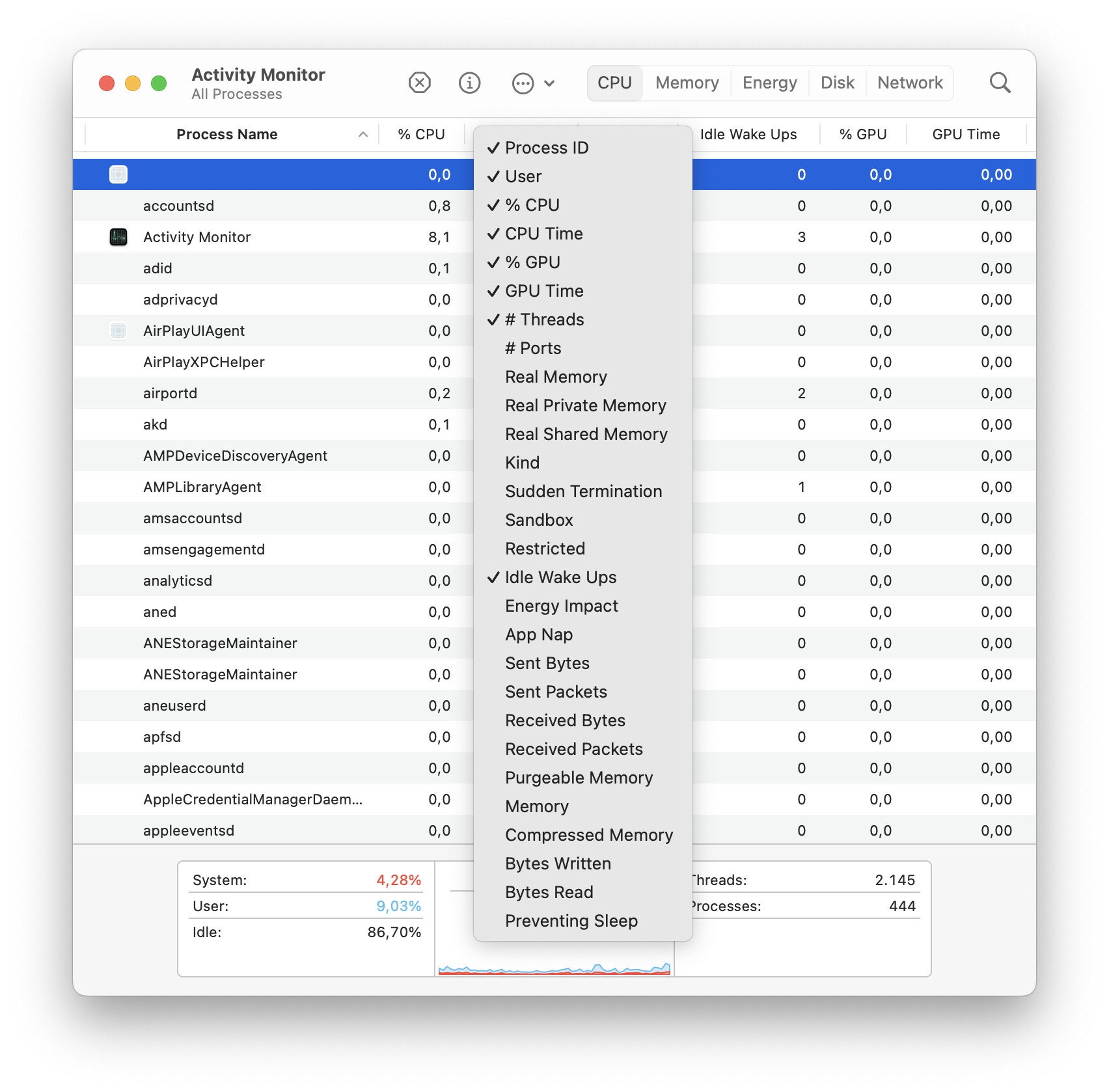 Add or remove columns in Mac Activity Monitor