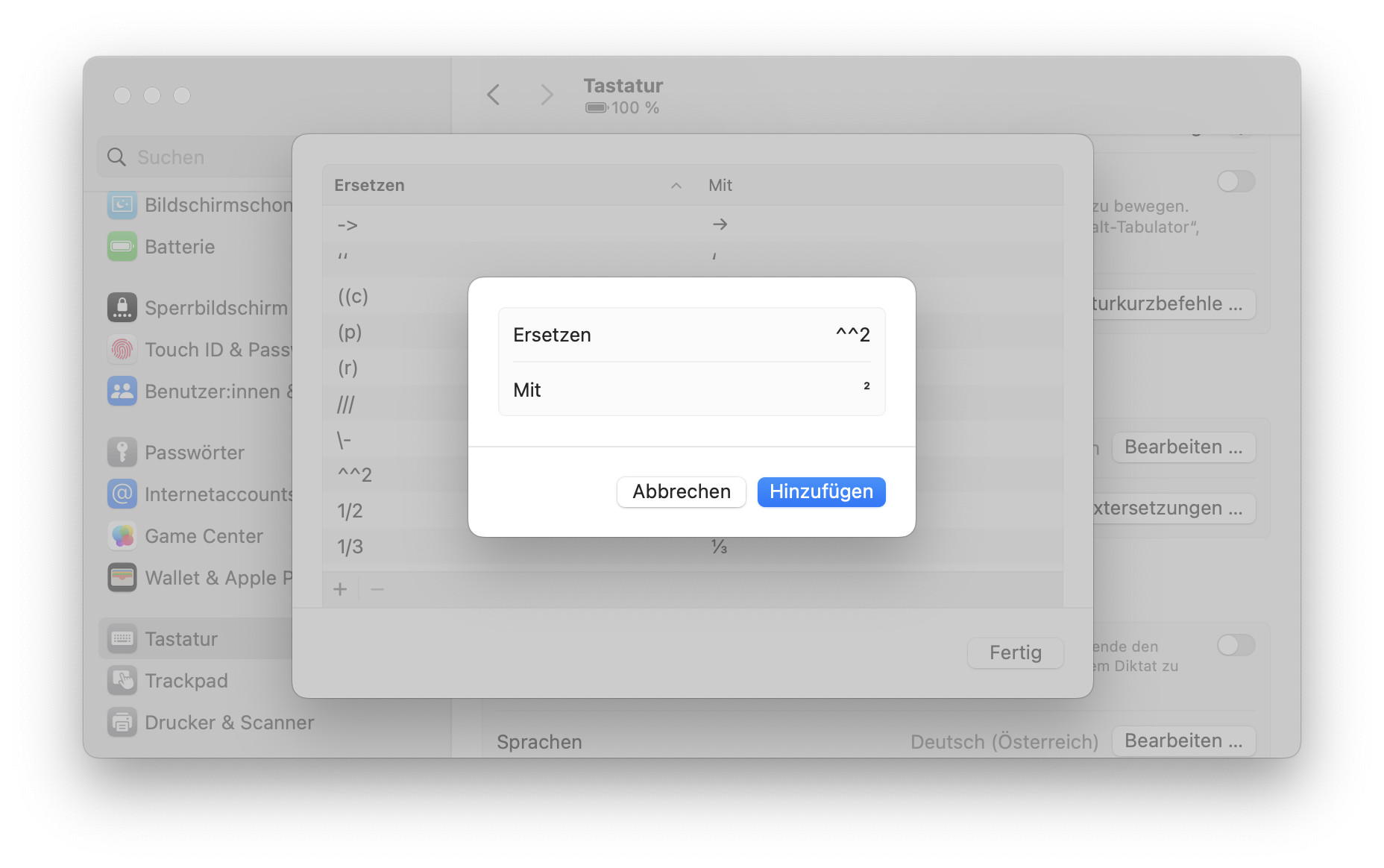 Am Mac eine Textersetzung zum Einfachen Eingeben von „zum Quadrat“ einrichten