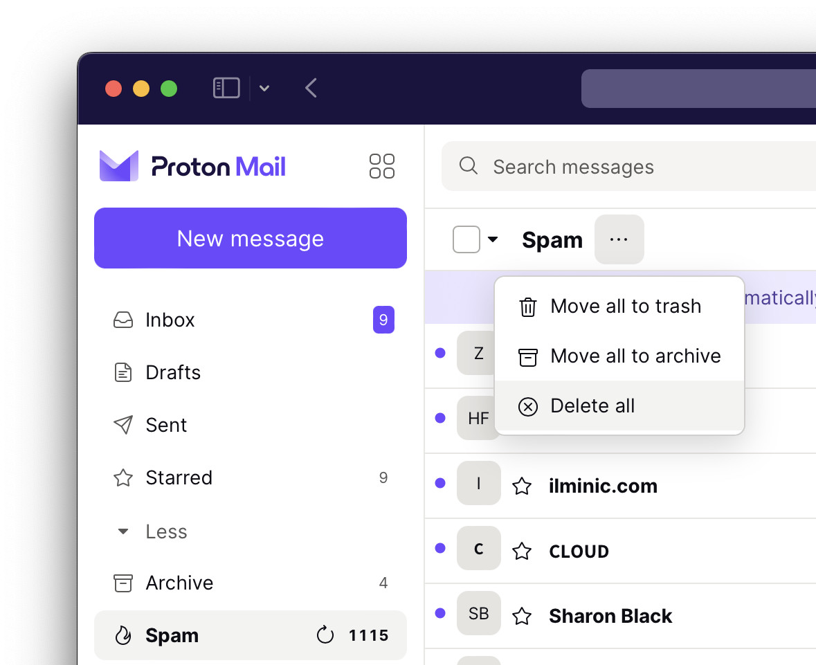Here’s where you can empty the “Spam” folder in Proton Mail