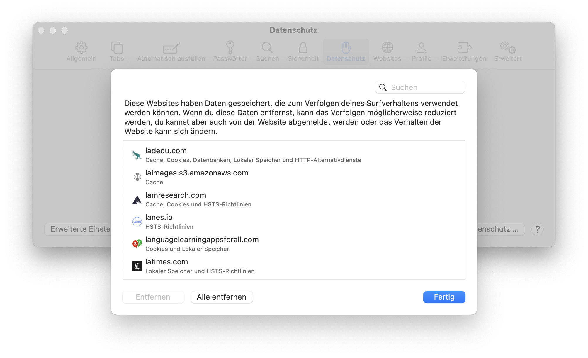 In den Mac Safari Einstellungen können Sie alle Cookies und Websitedaten löschen