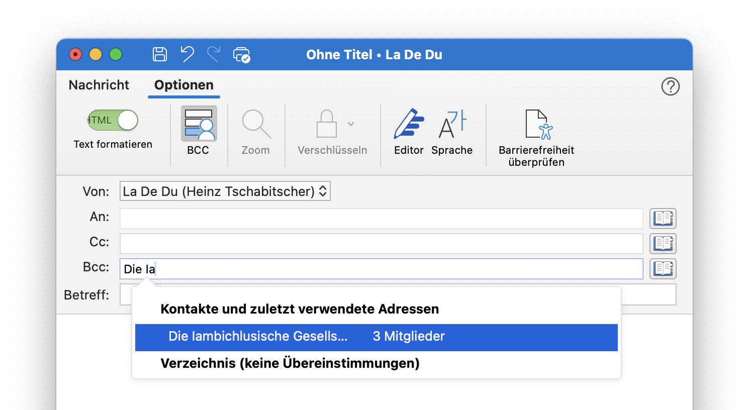 So fügen Sie eine Liste von Empfängern in einer neuen Email in Outlook für Mac ein
