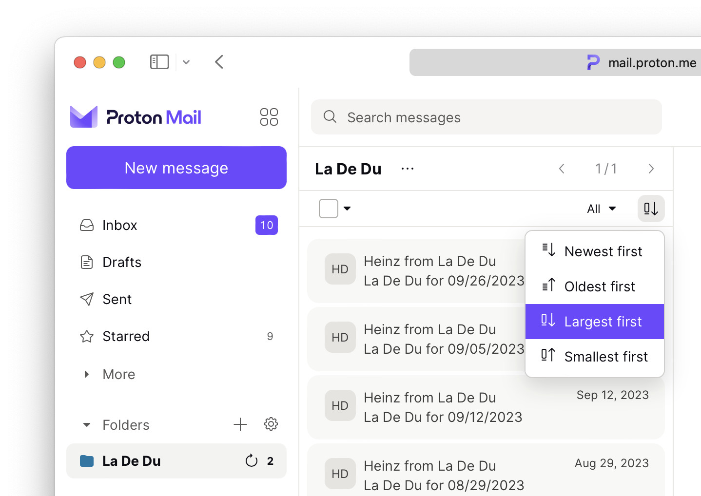 You can sort a folder by size in Proton Mail