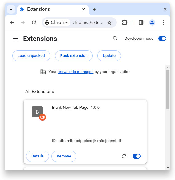 Install your home-made blank new tab page extension in Google Chrome