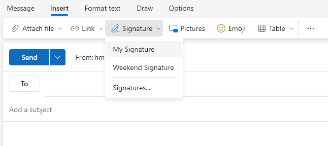 Pick the signature to use for an email in Outlook on the Web