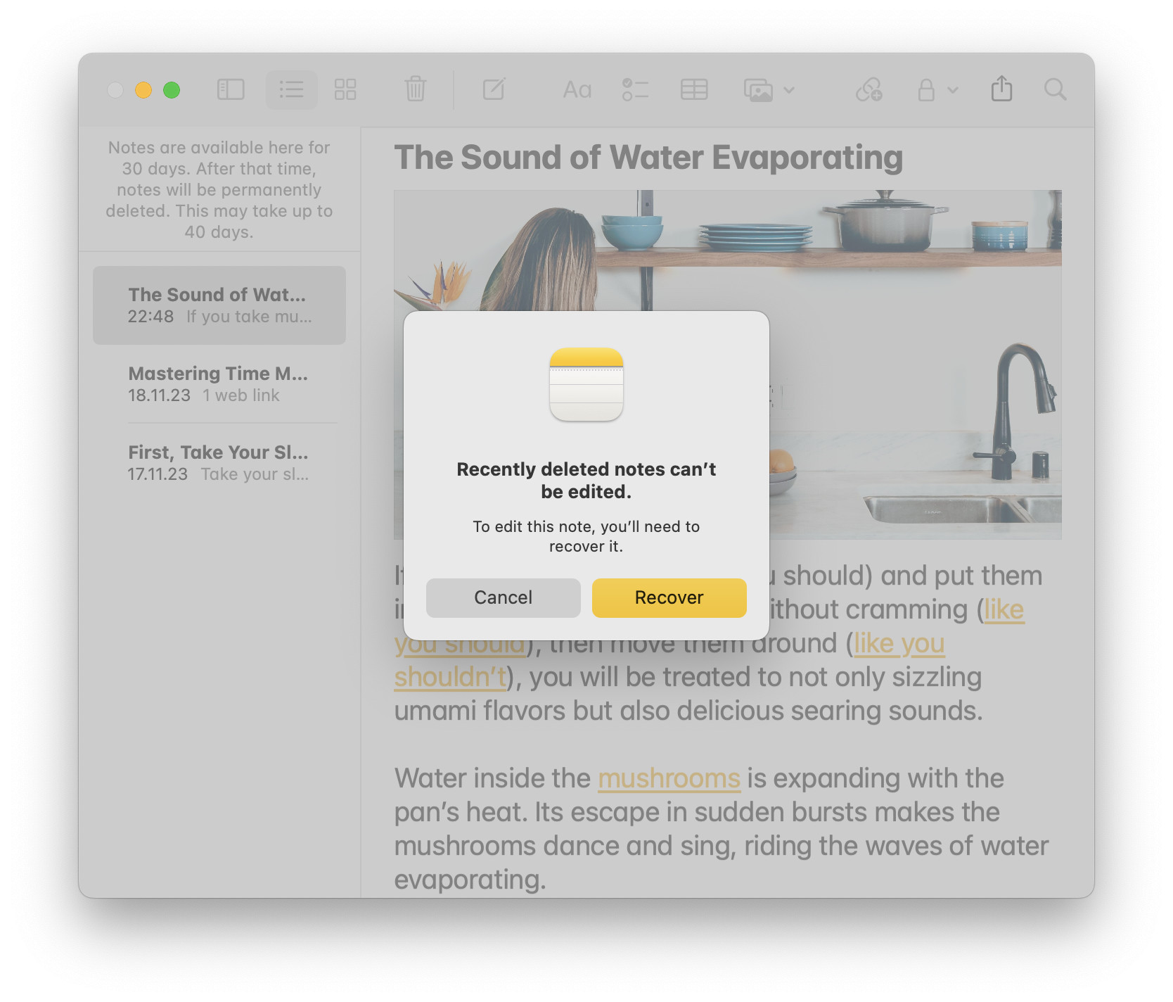 Recovering a single note in Apple Notes on a Mac