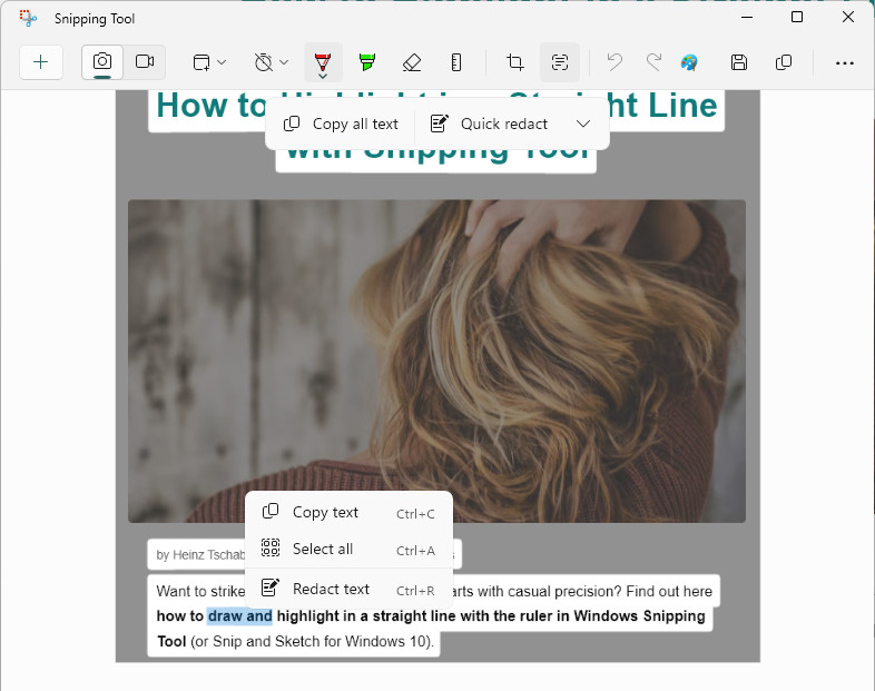 Select “Redact text” to blacken out text in Windows Snipping Tool