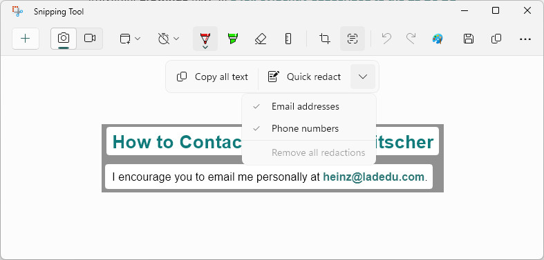You can easily blacken out email addresses and phone numbers in screenshots with Snipping Tool