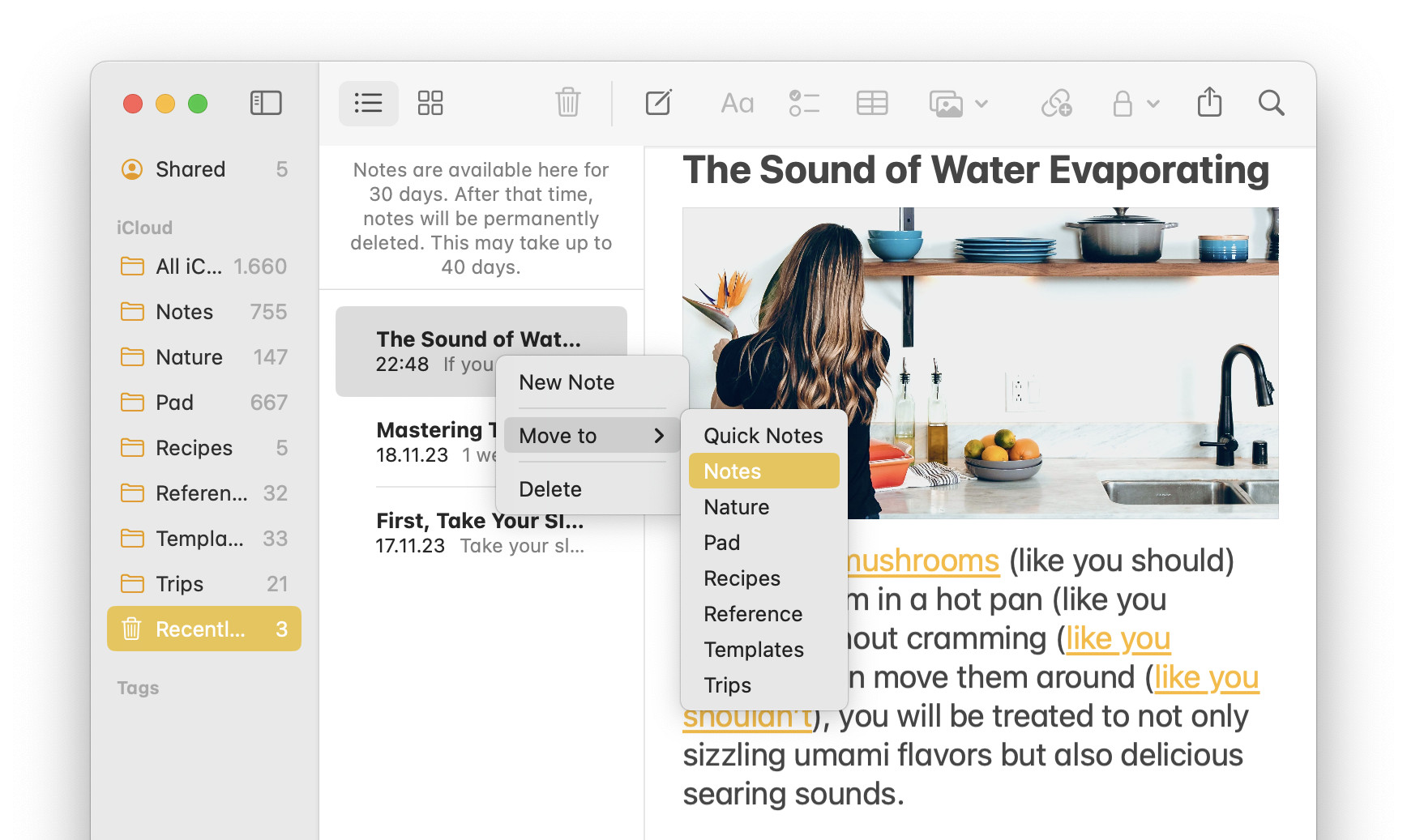 You can recover a note from “Recently Deleted” in Apple Notes on a Mac to any folder