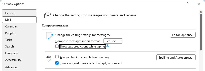 Disable predictive text completion in Outlook for Windows