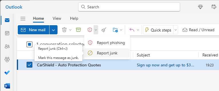 Mark an email as spam in Outlook using the ribbon