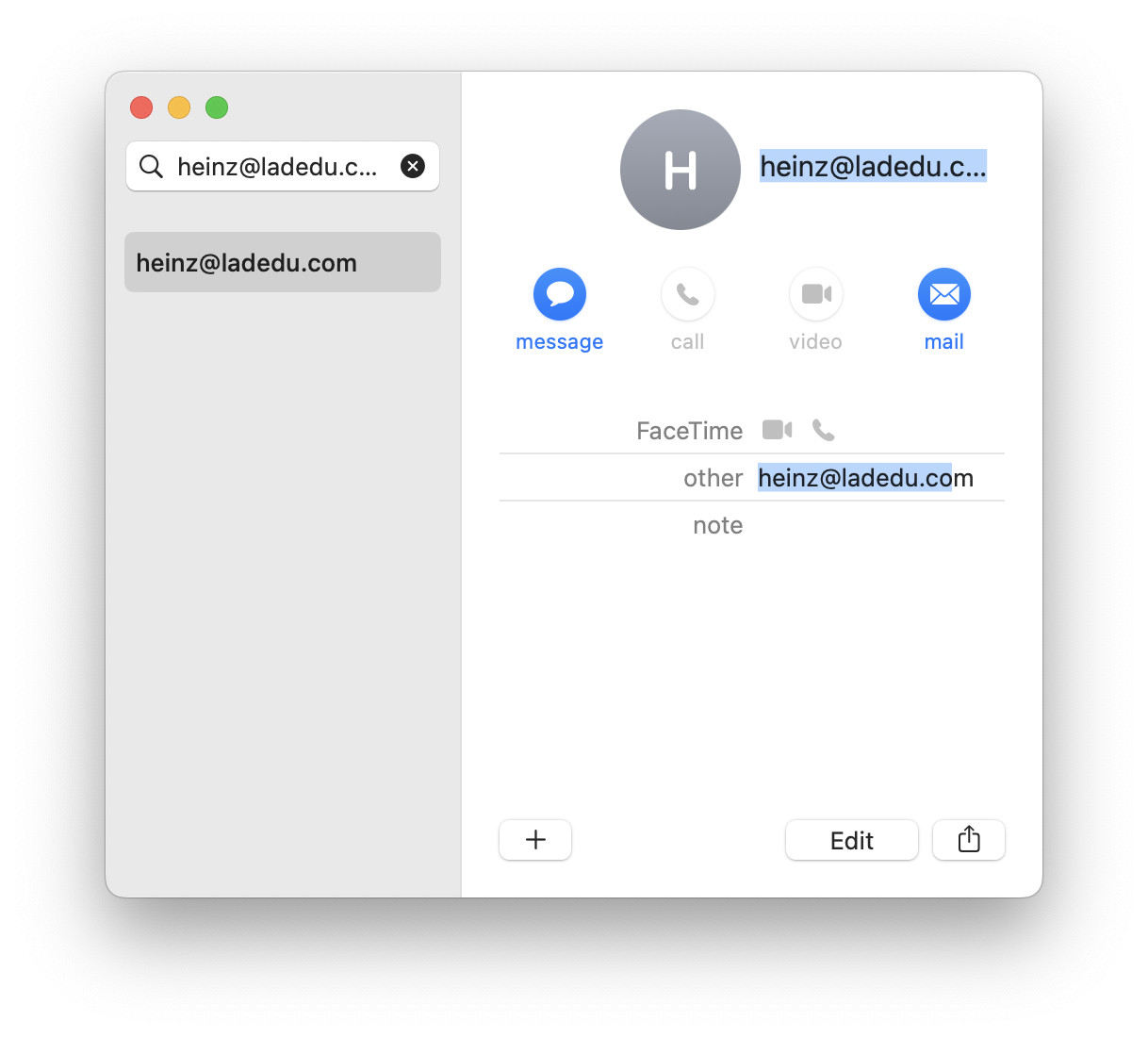 Search Contacts for the email address whose display name for Mail you want to change