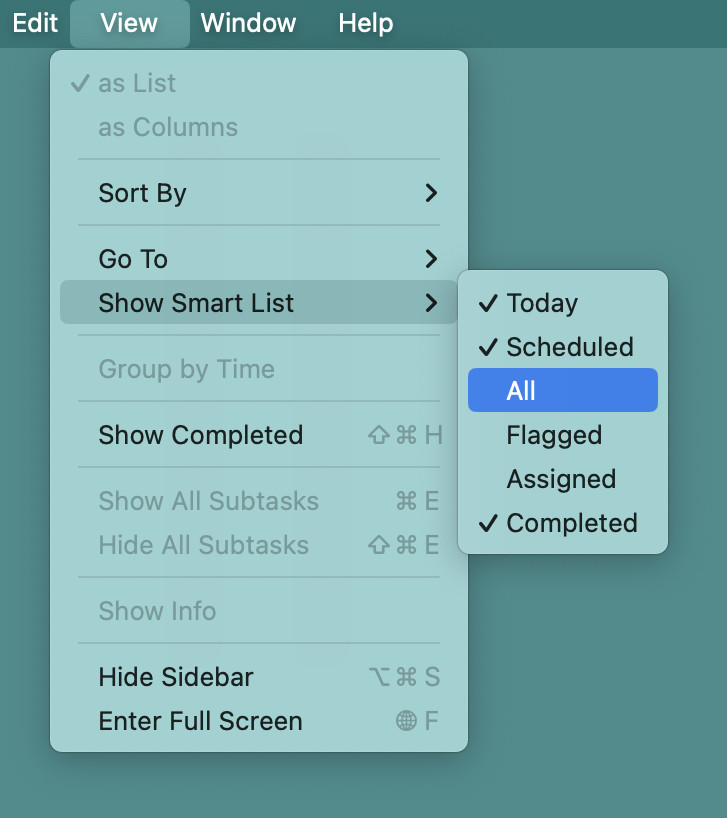 Select “View | Show Smart List | All” to view all tasks in Apple Reminders