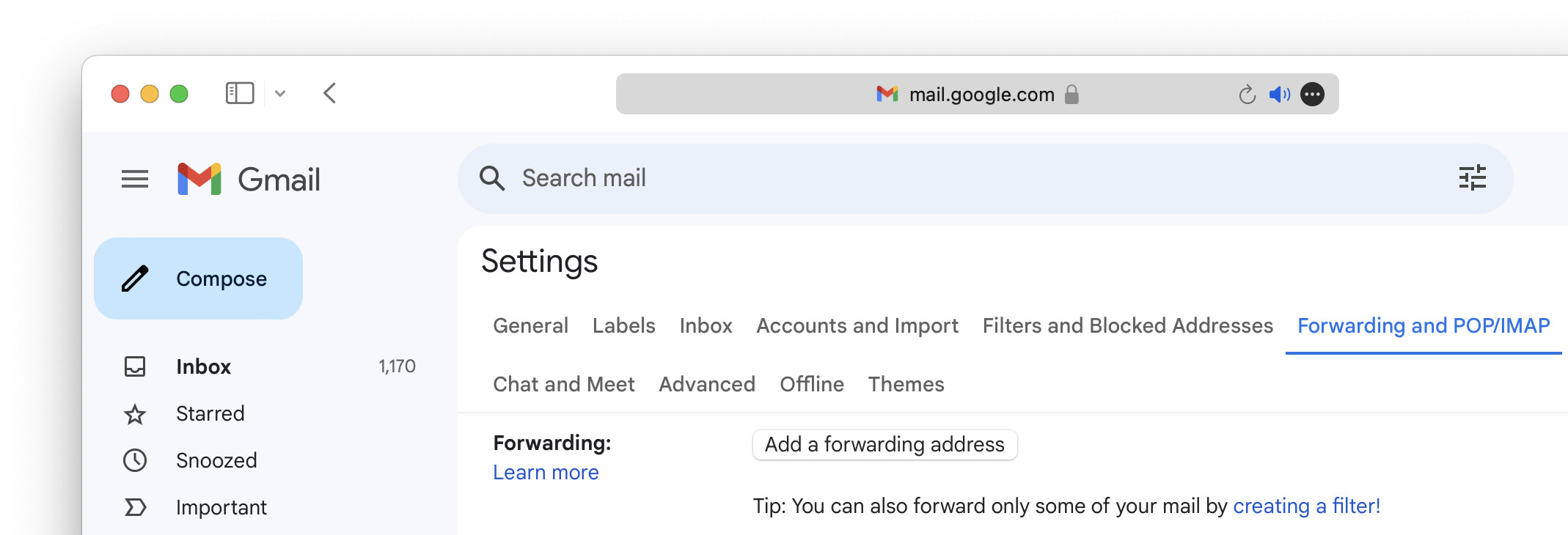 Start adding an email address for automatic forwarding in Gmail